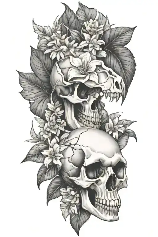 tropical leaves with flowers and dinosaur skull tattoo design idea