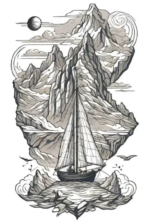 fjord sail boat mountains multi pitch climbers tattoo design idea