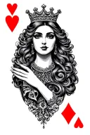 Queen of hearts card, black and gray, crown tattoo design idea