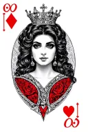 Queen of hearts card, black and gray, crown tattoo design idea
