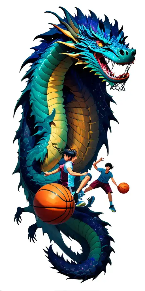 A cosmic dragon wrapping around a basketball hoop, with anime characters playing basketball in the background tattoo design idea