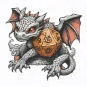 a cute baby dragon hugging a d20 dice tattoo design idea
