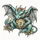 a cute baby dragon hugging a d20 dice tattoo design idea