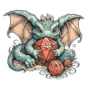a cute baby dragon hugging a d20 dice tattoo design idea