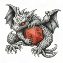 a cute baby dragon hugging a d20 dice tattoo design idea