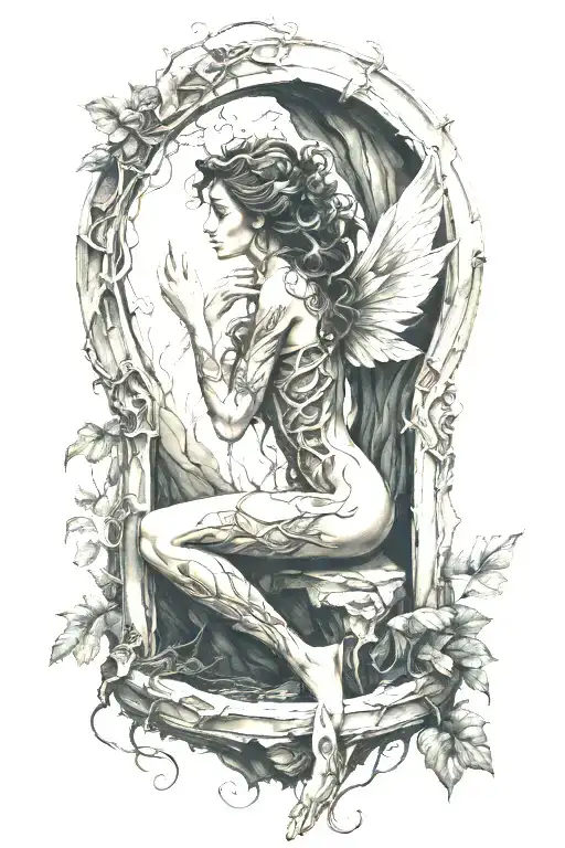 fairy/goddess curled within an open ribcage trapping her like a canyon unable to climb.  tattoo design idea