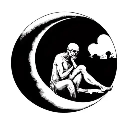 depressed man watching death sitting on crescent moon tattoo design idea