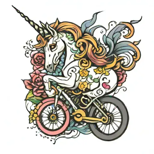 unicorn, bike, sex, gaming controller intertwined tattoo design idea