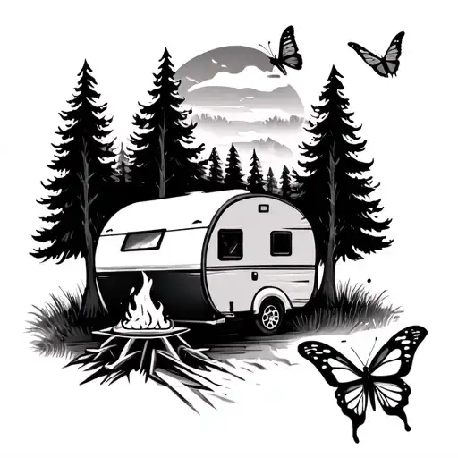 Design a camping theme black and white realistic tattoo for my arm  with trees, a trailer, camp fire, a butterfly flying tattoo design idea