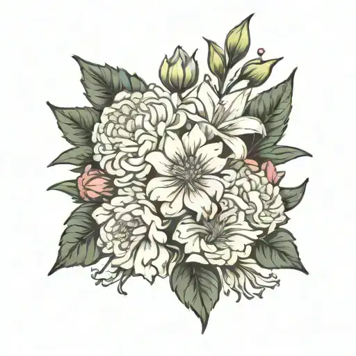 Bouquet of flowers. 1 Aster and 1 carnation entwined in the middle slightly higher. 2 gladiolus and 2 chrysanthemums    tattoo design idea