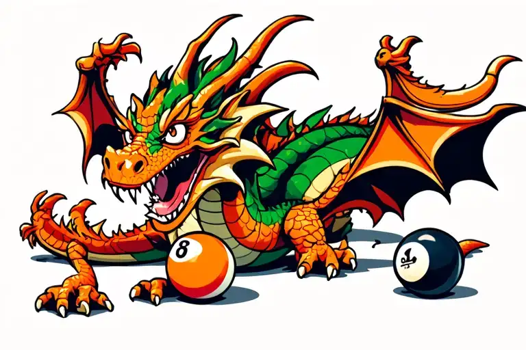 dragon and play cards and pool balls tattoo design idea