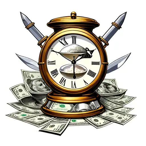 Realistic image with color and $100 bills of sand clock tattoo ideas hourglass with money tattoo and knives and cash and tattoo design idea