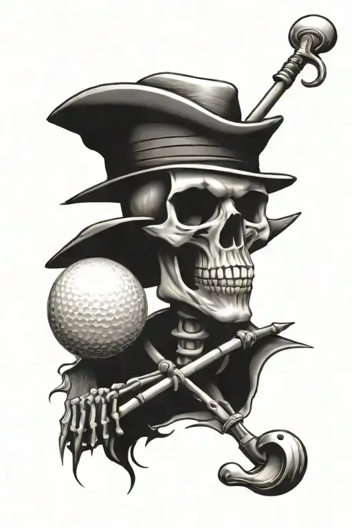 Skeleton with hat, golf club and golf ball behind tattoo design idea