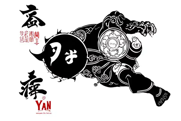 Old school Black and white tattoo - Japanese style - Yin Yan - artist inspiration Kawanabe Kyōsai - Brazillian Jiu-Jitsu tattoo design idea