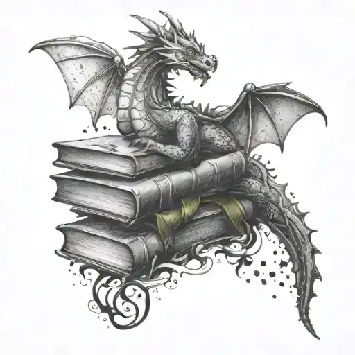 dragon and books floating tattoo design idea