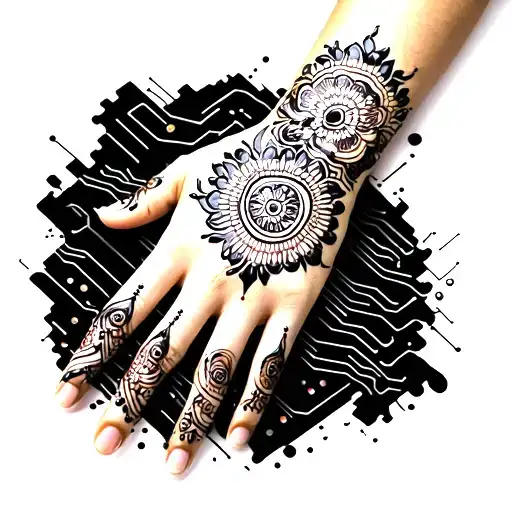 henna tattoo on hand and arm neon circuits electronics tattoo design idea