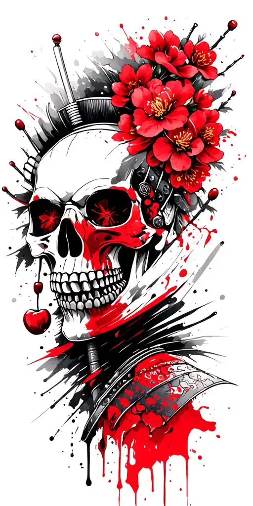 Samurai Skull surrounded by Cherry Blossoms tattoo design idea