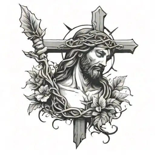 minimal detailing,jesus on the cross, thorn crown, a sword , and vines tattoo design idea