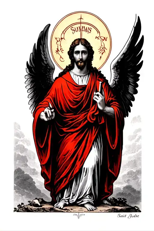 Saint Jude Thaddeus with a red robe wings and Sundays tattoo design idea
