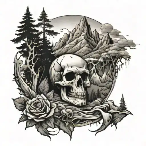 Mountains and forest with pathway with background trident and skull  tattoo design idea