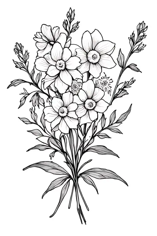 rose larkspur narcissus bouquet tattoo design idea