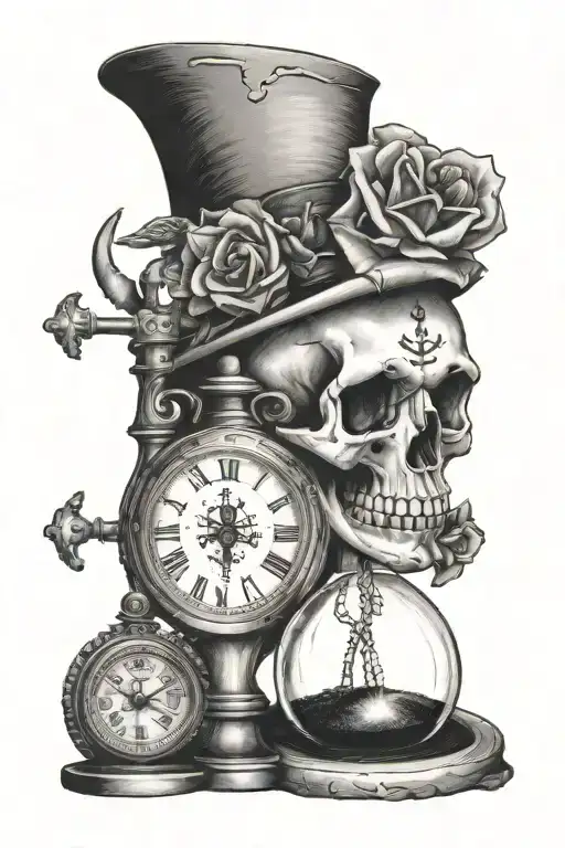 a skull looking out of a window with an hourglass, an anchor, two watches and a rose tattoo design idea