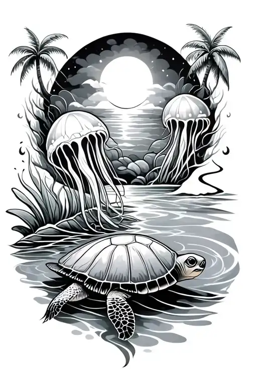 jellyfish around turtle, sun, palm tree growing tattoo design idea