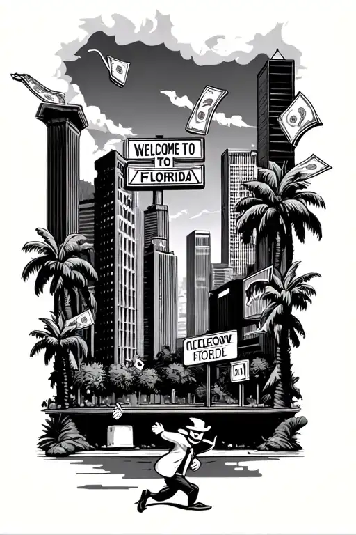 city buildings with the welcome to Florida sign and the monopoly man chasing money in the background  tattoo design idea