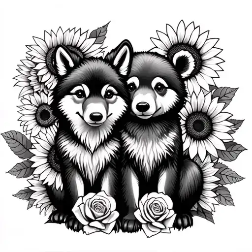  cute baby wolf and bear sitting with sunflowers and roses. black tattoo design idea