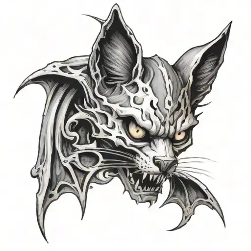 demon cat with white eyes and demon wings at the background of a skull with his tail going through the skull eyes tattoo design idea