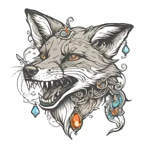A fox holding a jewel in its mouth open tattoo design idea