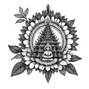 flower pattern with nepali temple with small shiva g tattoo design idea