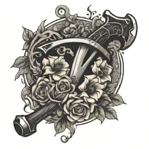 battleaxe and flowers growing tattoo design idea