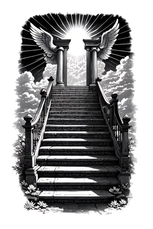 stairway to heaven walking up stairs angels sun rays clouds heaven gate at the top of the stairs  tattoo design idea