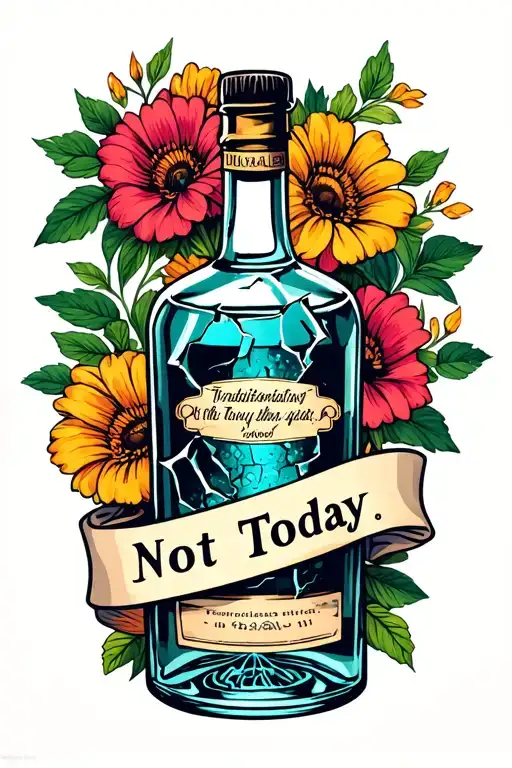 Broken Liquor Bottle with flowers behind and a banner that reads "Not Today" tattoo design idea