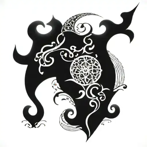 An abstract and artistic interpretation of the concept of 'baise, sexe', incorporating intricate patterns and shapes, in a blackwork style tattoo design idea