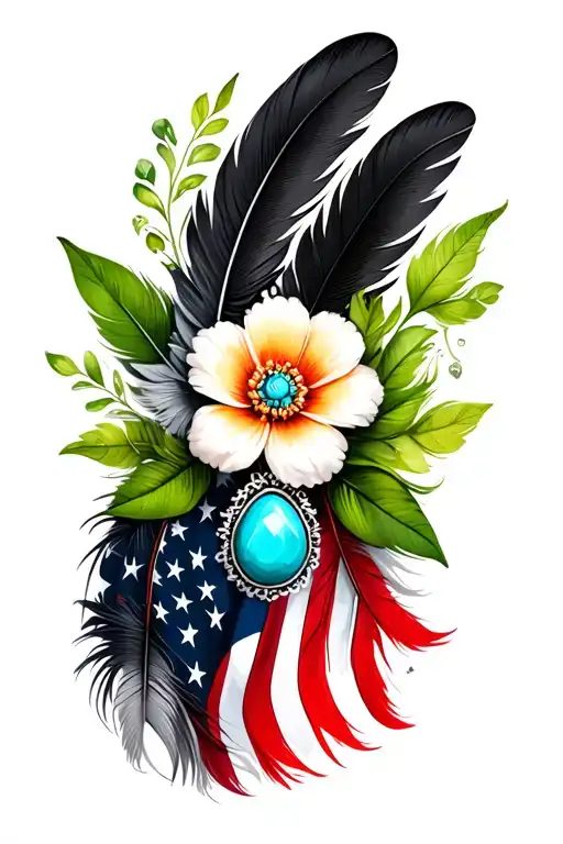 black feathers, colored feathers, american flag, green leaves, one brooch turquoise jewelry, flowers tattoo design idea