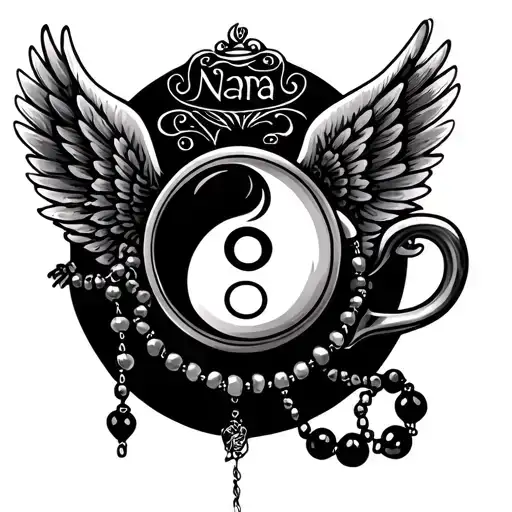 "Nana " Teacup and rosary beads wrapping wings around yin tattoo design idea