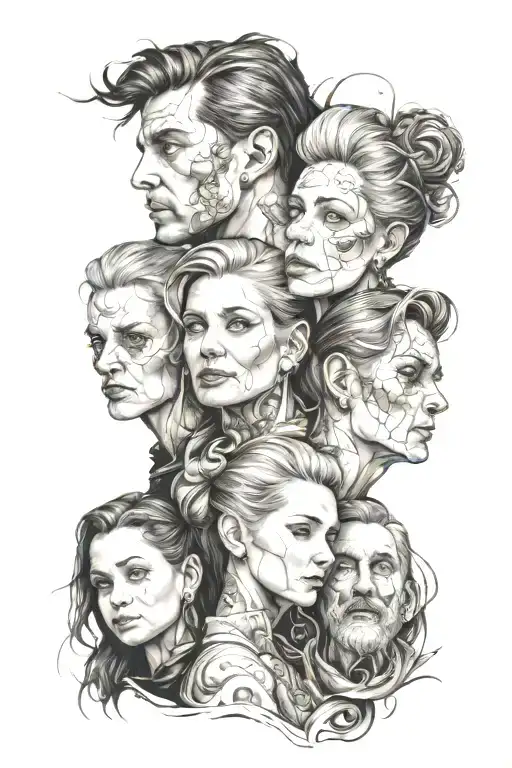 complicated family portrait tattoo design idea