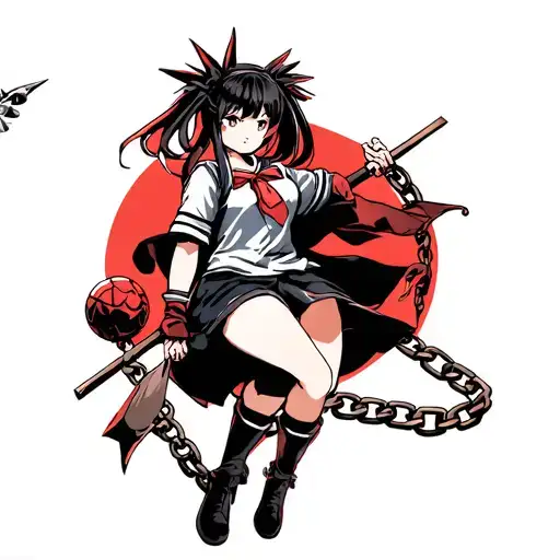 anime high school girl holding a flail spiked ball on chain tattoo design idea