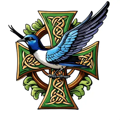 swallow bird outstretched wings on Celtic cross  tattoo design idea