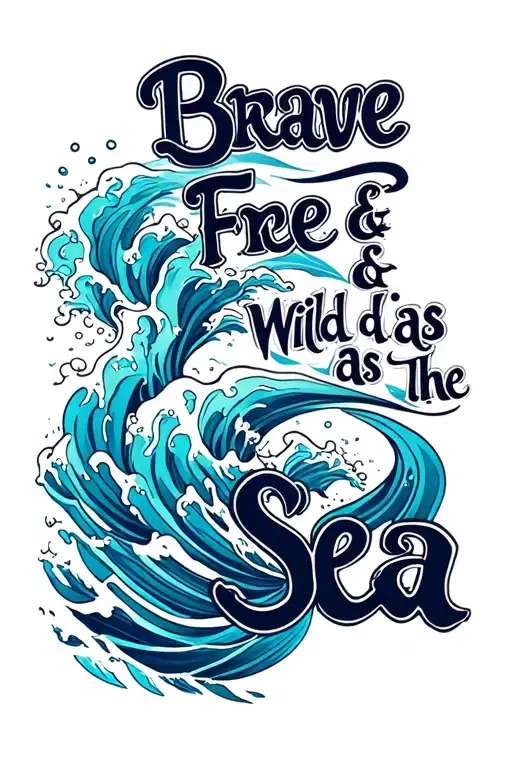 "Brave & Free & Wild as the Sea" waves flowing tattoo design idea