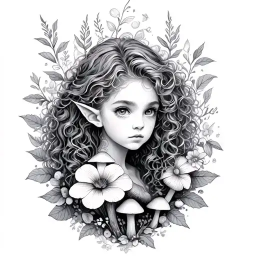 elf girl with curly hair surrounded with flowers and mushrooms tattoo tattoo design idea