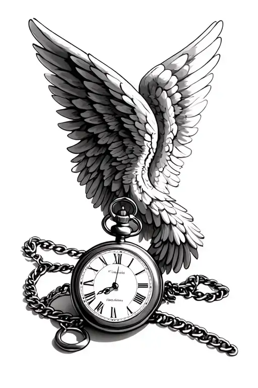 angel wings pocket watch tattoo design idea