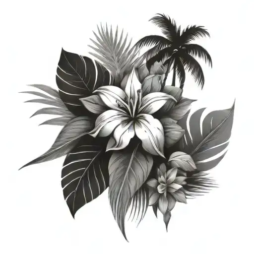 Fijian inspired floral with palm trees tattoo design idea