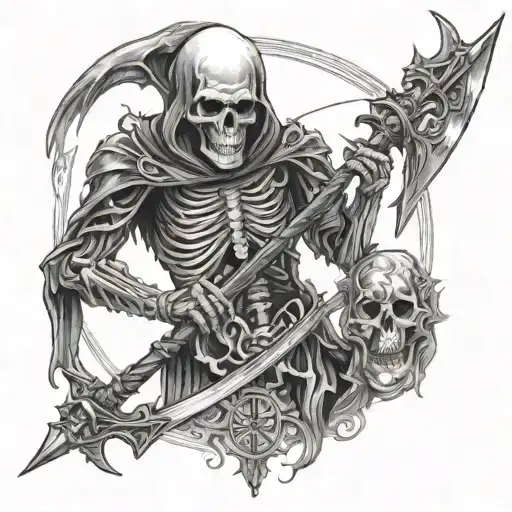 Skeleton tattoo with Azrael's scythe on both sides tattoo design idea