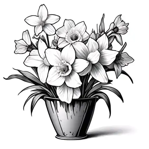 daffodil bouquet in a broken vase full of flowers tattoo design idea