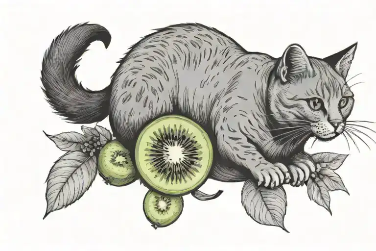 cat and kiwi fruit tattoo design idea