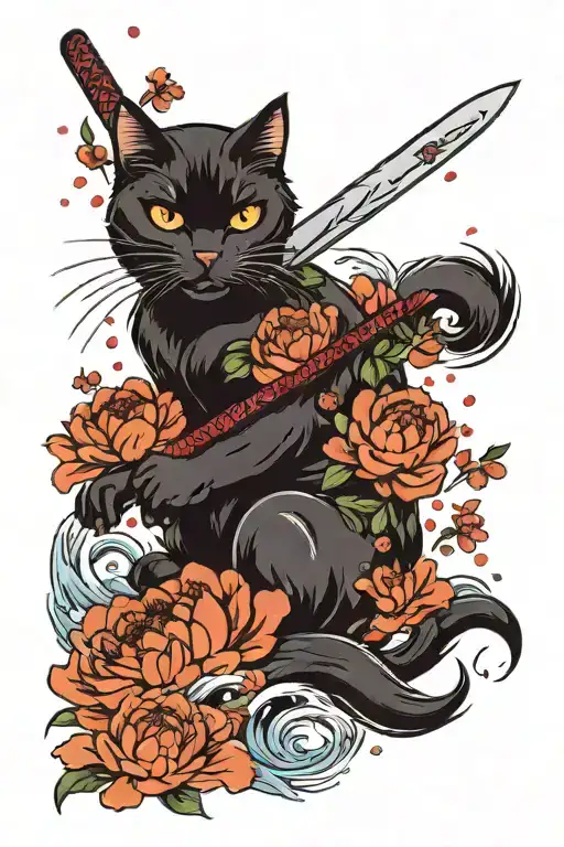 black cat holding knife, sakura peony flowers, water splashing, japanese traditional clouds tattoo design idea