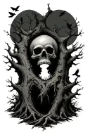 dead tree with, a hole in the trunk, skull face emerging from base of tree and crows on the branches and flying.  tattoo design idea